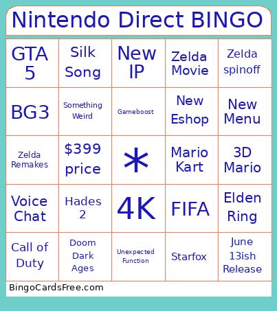 Nintendo Direct Bingo Card