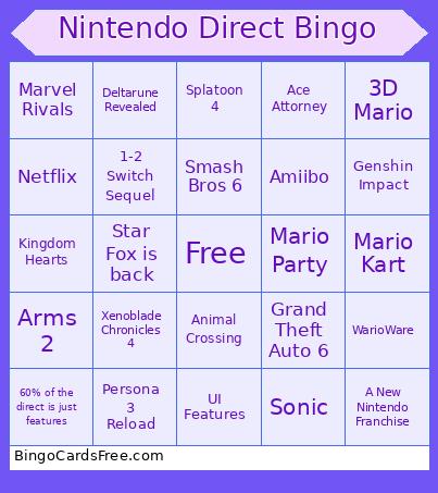 Nintendo Direct Bingo Card