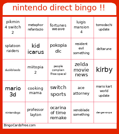 Nintendo Direct !! Bingo Card