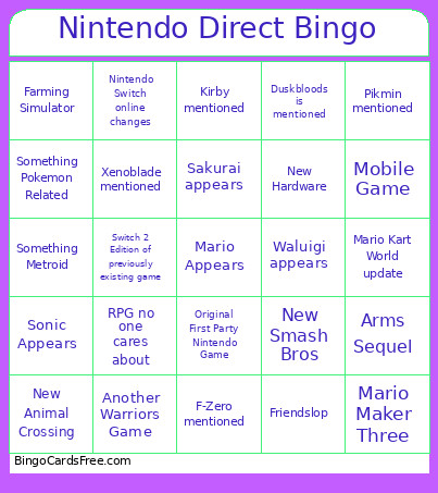 Nintendo Direct Bingo Card 2