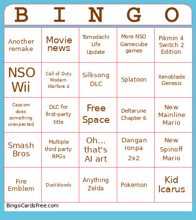 Nintendo Direct Bingo Card