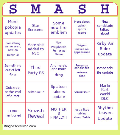Nintendo Direct Bingo Card 2