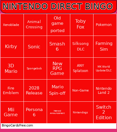 NINTENDO DIRECT Bingo Card