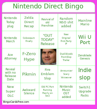 Nintendo Direct Bingo Card