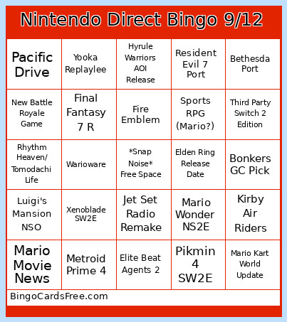 Nintendo Direct 9/12 Bingo Card 3