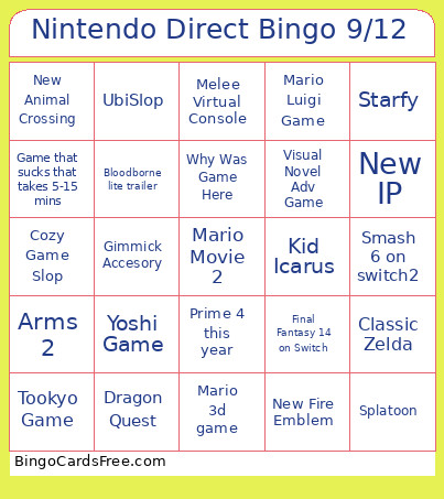 Nintendo Direct 9/12 Bingo Card 3