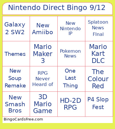 Nintendo Direct 9/12 Bingo Card 4