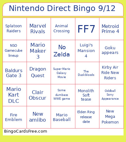 Nintendo Direct 9/12 Bingo Card 3