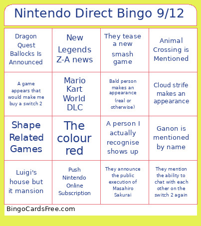 Nintendo Direct 9/12 Bingo Card 2