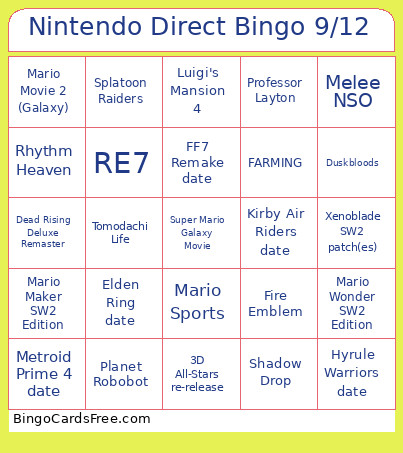 Nintendo Direct 9/12 Bingo Card