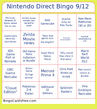 Nintendo Direct 9/12/2025 Bingo Card