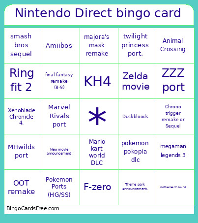 Nintendo Direct Bingo Card 2