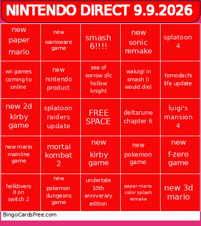 Nintendo Direct 9 September 2026 Bingo Card
