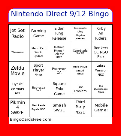 Nintendo Direct Copium 9/12/2025 Bingo Card
