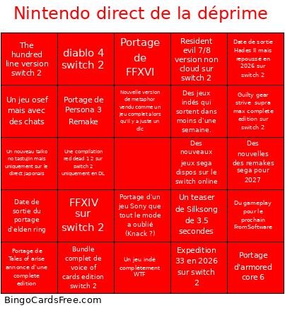 Nintendo direct de la déprime Bingo