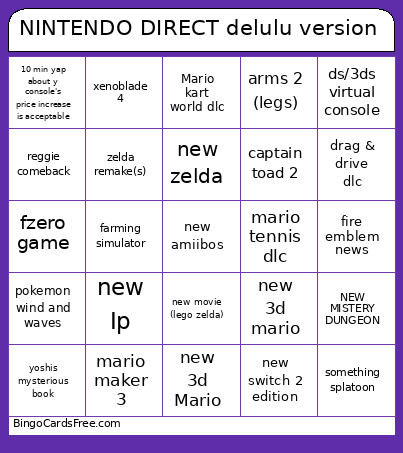 NINTENDO DIRECT Delulu Version Bingo Card