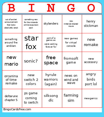 Nintendo Direct Expectations Bingo Card
