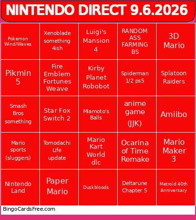 Nintendo Direct For June 9th Bingo Card