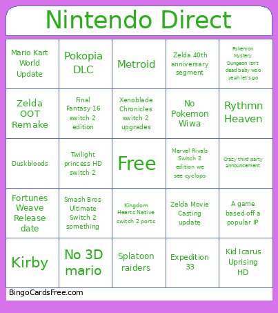 Nintendo Direct June 2026 Bingo Card 2