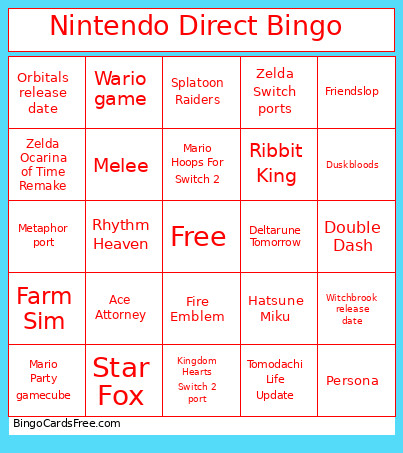 Nintendo Direct June 2026 Bingo Card