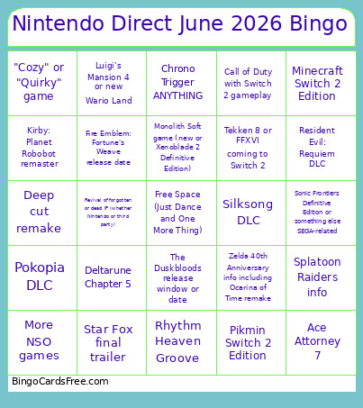 Nintendo Direct June 2026 Bingo Card