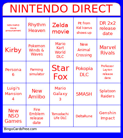 Nintendo Direct June 26 Bingo Card