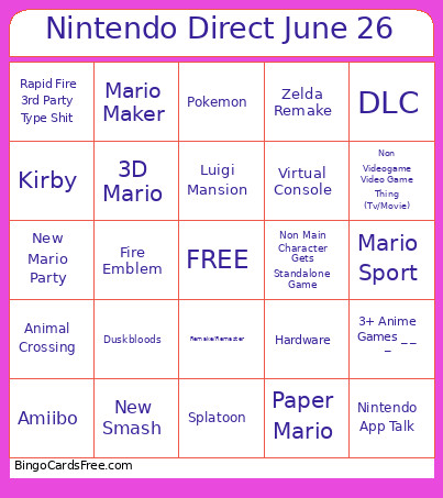 Nintendo Direct June 26 Bingo Card