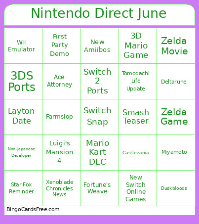 Nintendo Direct June Bingo Card
