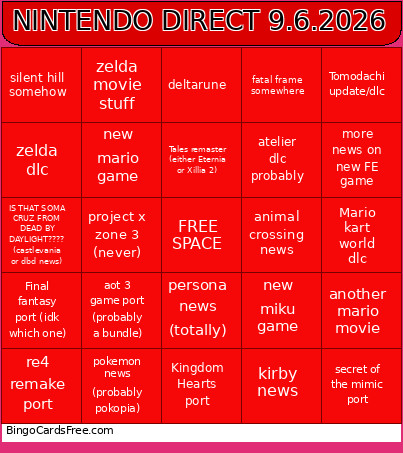 Nintendo Direct June 9 2026 Bingo Card