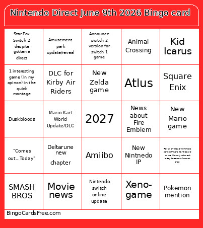 Nintendo Direct June 9th 2026 Bingo Card
