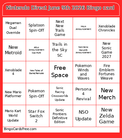 Nintendo Direct June 9th 2026 Bingo Card