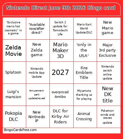 Nintendo Direct June 9th 2026 Bingo Card 6