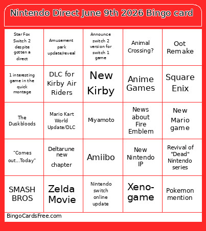 Nintendo Direct June 9th 2026 Bingo Card