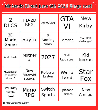 Nintendo Direct June 9th 2026 Bingo Card 3
