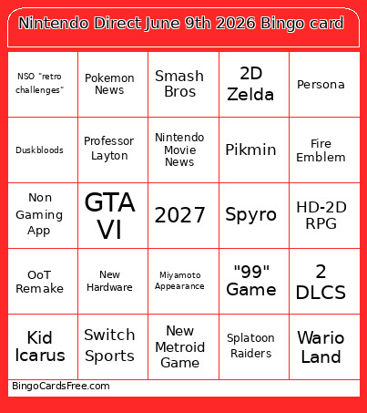 Nintendo Direct June 9th 2026 Bingo Card 4
