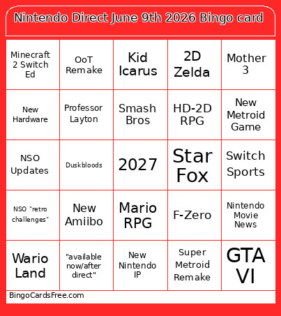 Nintendo Direct June 9th 2026 Bingo Card 5