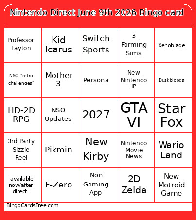 Nintendo Direct June 9th 2026 Bingo Card 2