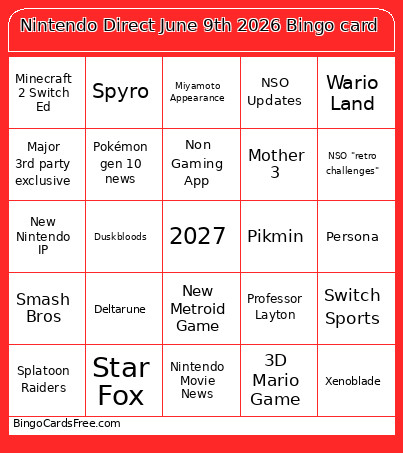 Nintendo Direct June 9th 2026 Bingo Card 2