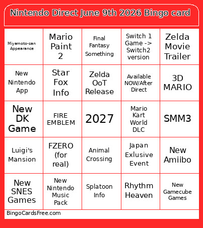 Nintendo Direct June 9th 2026 Bingo Card 2
