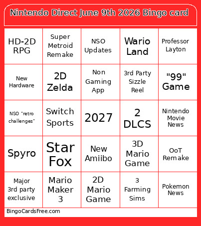 Nintendo Direct June 9th 2026 Bingo Card 3