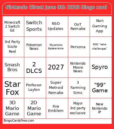 Nintendo Direct June 9th 2026 Bingo Card