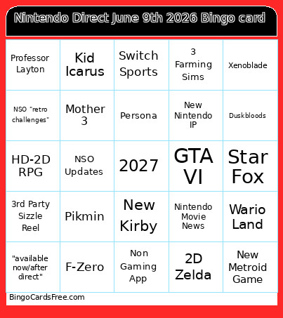 Nintendo Direct June 9th 2026 Bingo Card