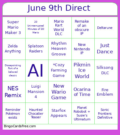 Nintendo Direct June 9th Bingo Card