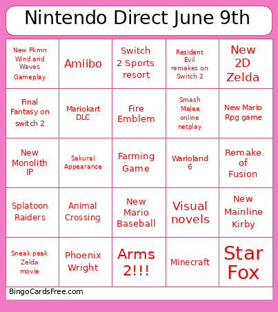 Nintendo Direct June 9th Bingo Card