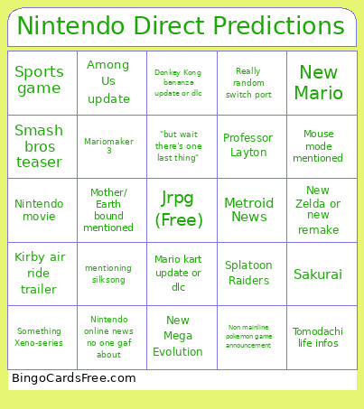 Nintendo Direct Predictions Bingo Card