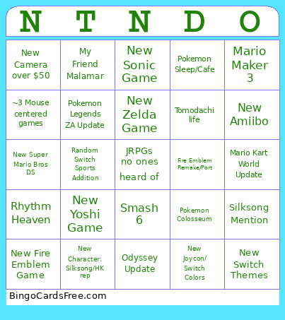 Nintendo Direct Predictions Bingo Card
