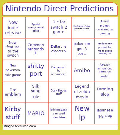 Nintendo Direct Predictions Bingo Card
