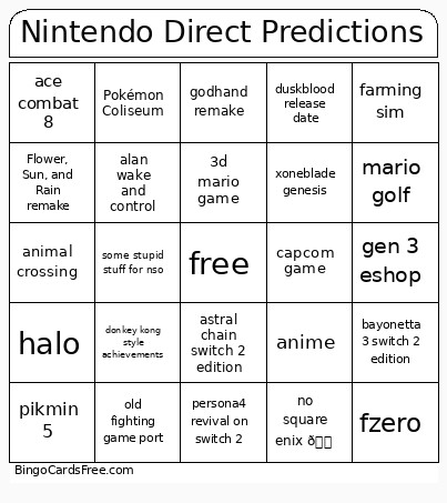 Nintendo Direct Predictions Bingo Card 2