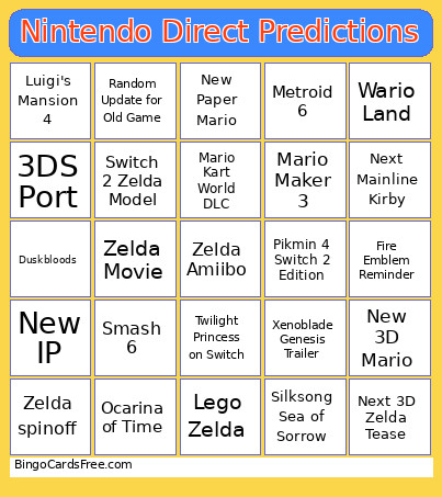 Nintendo Direct Predictions Bingo Card
