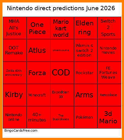Nintendo Direct Predictions June 2026 Bingo Card